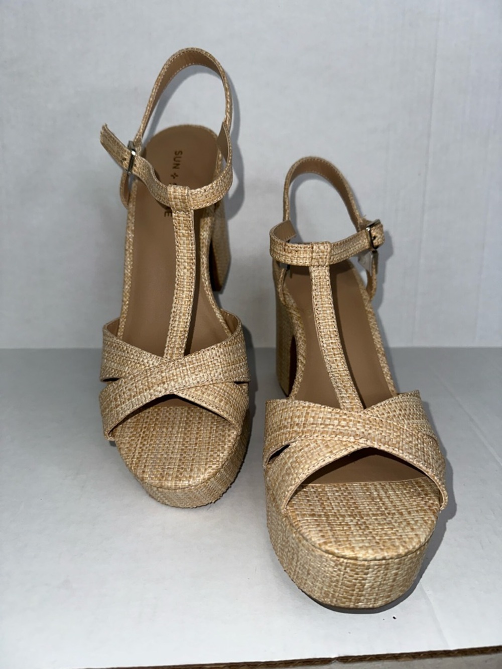 Braided T-Strap Platform‎ Sandals in Tan